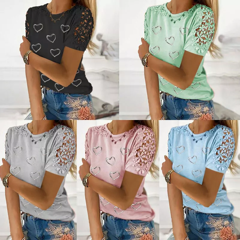 Women Summer Casual Blouse Tops Ladies Short Hollow Sleeve Heart Fashion T Shirt