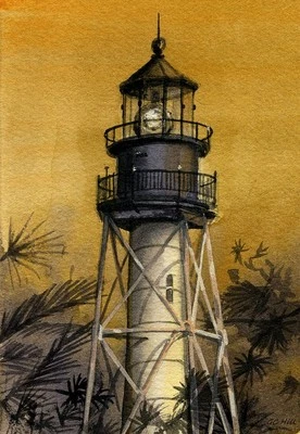 BELLA TERRA PUBLISHING Cape San Blas Lighthouse Sunset, Port St. Joe, Florida. Watercolor Notecards