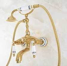Gold Color Brass Wall Mount Clawfoot Bath Tub Faucet with Hand Shower Mixer Tap