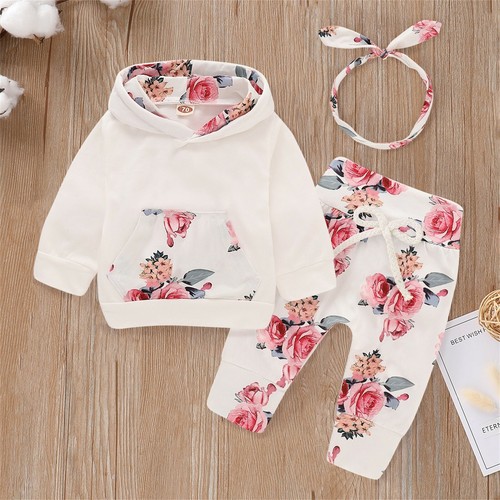 Outfits Set Trainingsanzug Neugeborenes Baby Mädchen Blumenmuster Kapuze Tops Hose Kleinkind - Bild 9 von 11