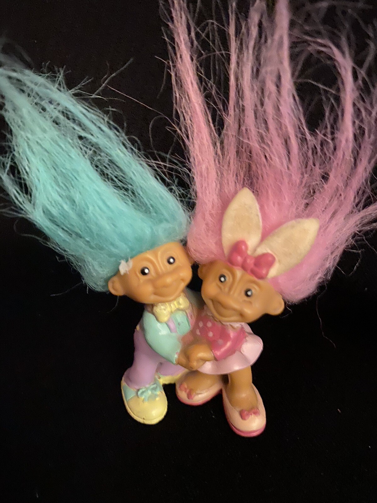 Adorable little Vintage troll friends Aqua/pink small in Bunny Ears On a date 2”