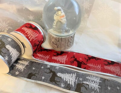 Winter RENTIER Weihnachten Hirsch - grau oder rot - Luxus Drahtkantenband 63 mm
