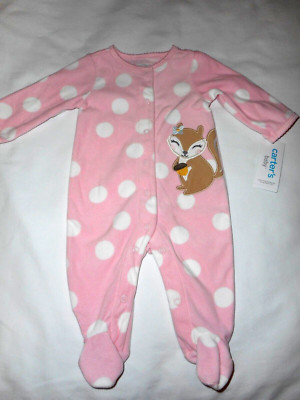 CARTERS BABY GIRL WARM FLEECE PINK SQUIRREL SLEEPER - INFANT SIZE 3 MONTHS