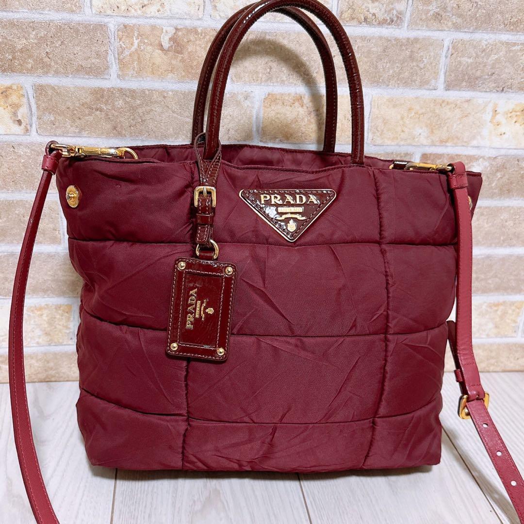 PRADA 2Way Tote Shoulder Bag Women's Red Quilted Nylon