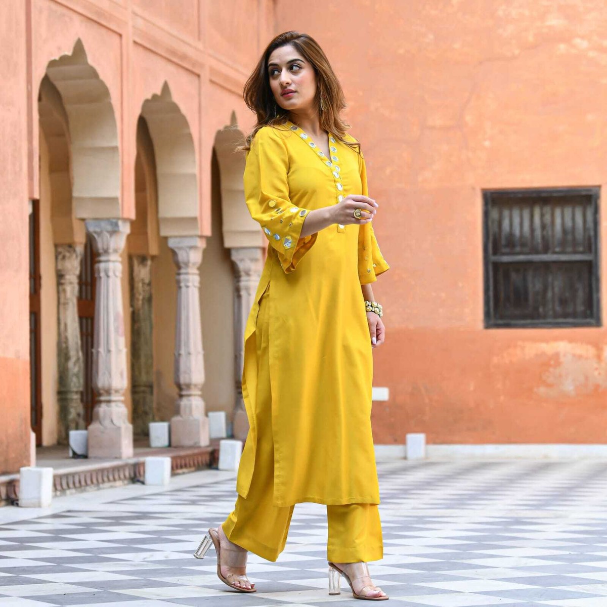 open lace back dress Latest Party Wear Yellow Pakistani Dress by Designer Online – Nameera by  Farooq main image 1