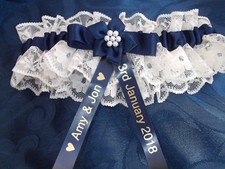 PERSONALISED NAVY BLUE AND IVORY BRIDES WEDDING GARTER LOVELY GIFT