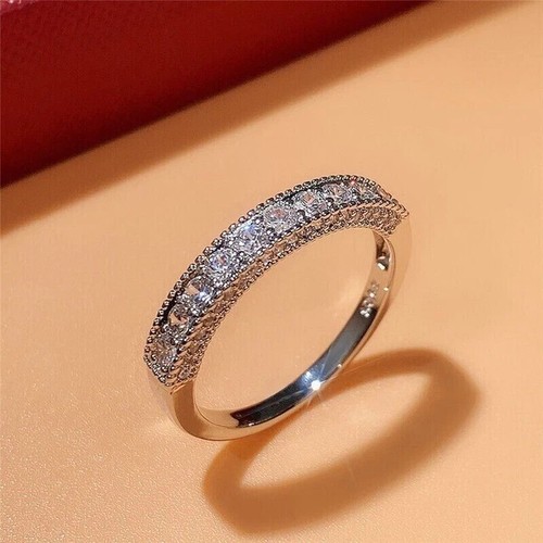 1.33Ct Round Cut Lab Created Diamond Half Eternity Ring 14K White Gold Plated - Picture 4 of 6