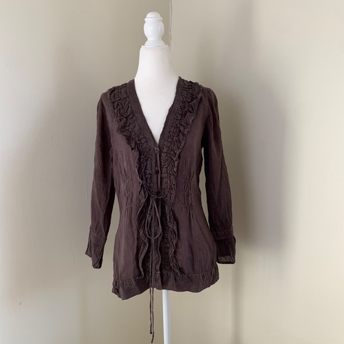 Johnny Was Embroidered Silk Button Up Top Long Sleeve S Brown Ruffle Peasant