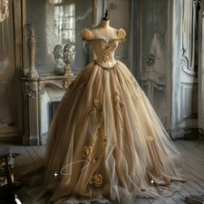 Vintage Champagne Prom Dress Flowers Appliques Off Shoulder Ball Gown Princess
