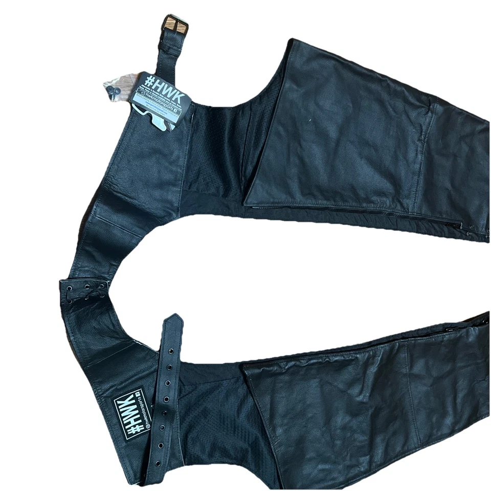 Original YKK Zip #HWK Leather Mens Motorcycle Chaps Black Adjustable Size 42 - Imagem 2 de 4