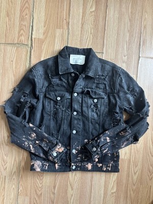 1017 ALYX 9SM Destroyed Bleach Splatter Black Denim Trucker Jacket Mens M Italy 