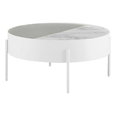Pemberly Row 33'' Drum Wood Coffee Table w/ Sliding Top - White Calacatta Marble