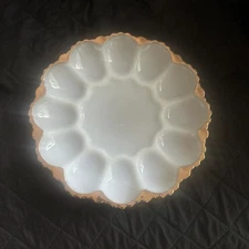 Classic Anchor Hocking Fire King 10" Deviled Egg Plate, Milk Glass & Gold Trim