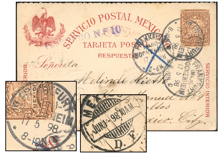 MEXICO 3¢ PERF 6 REPLY ½  PSC MAY 1898 GERMANY - DF  PC87