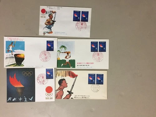 Five Japan fdc with same OLYMPIC FLAME stamp diff pictures