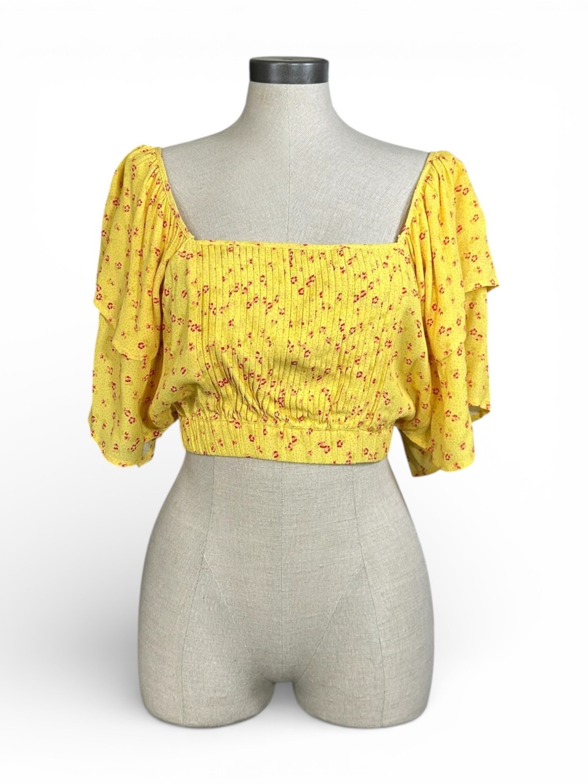 CHASER Doheny Crop Top Sz L Yellow Red Floral Print Polka Dot Ruffled Sleeve Vis