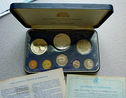 1973 BARBADOS - OFFICIAL PROOF SET (8) w/ 2 SILVER - 1.92 Oz ASW - OGP w/ COA