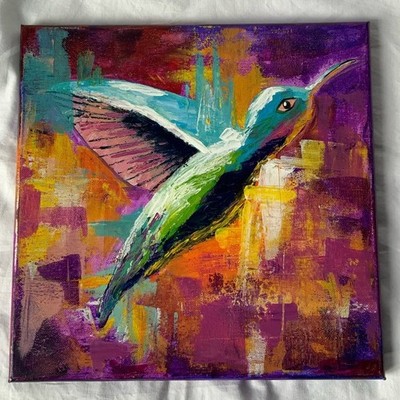 New Original Acrylic Painting Hummingbird Palette Knife Wall Art Bright 12x12