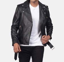Mens Classic Biker Motorcycle Leather Jacket Brando Style Asymmetric Zip