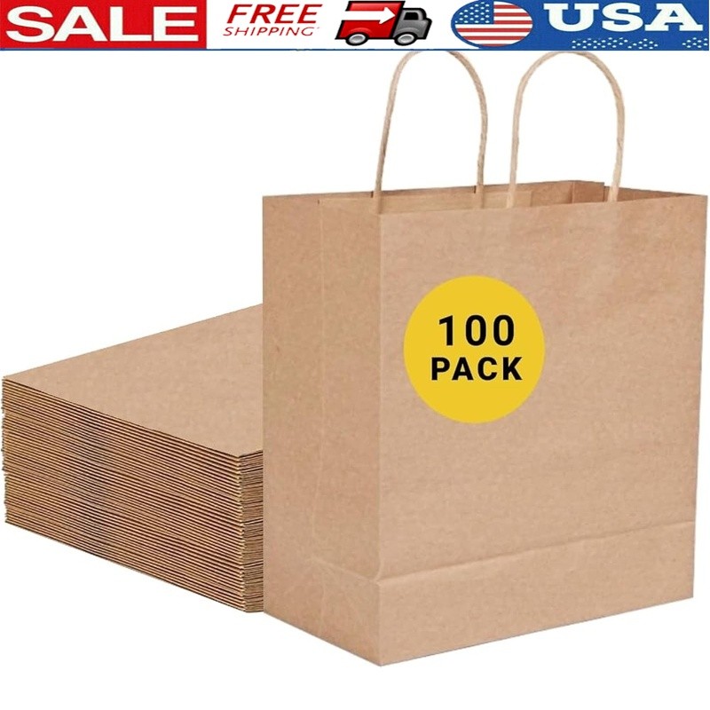 Brown Kraft Paper Bags Bulk 100pcs Sturdy Gift Shopping Bags W/ Handles DIY New