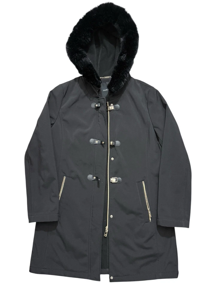 Gabardina negra para mujer Ivanka Trump de piel sintética capucha palanca bolsillos con cremallera Foto 3 de 4