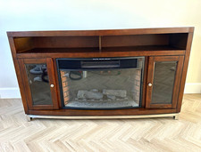 TV Stand with Electric Fireplace, Dark Wood Brown, Glass Doors