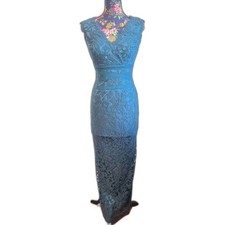 Tadashi Shoji Teal Blue Lace V-neck Sleeveless Maxi Dress Women's 4 Back Split