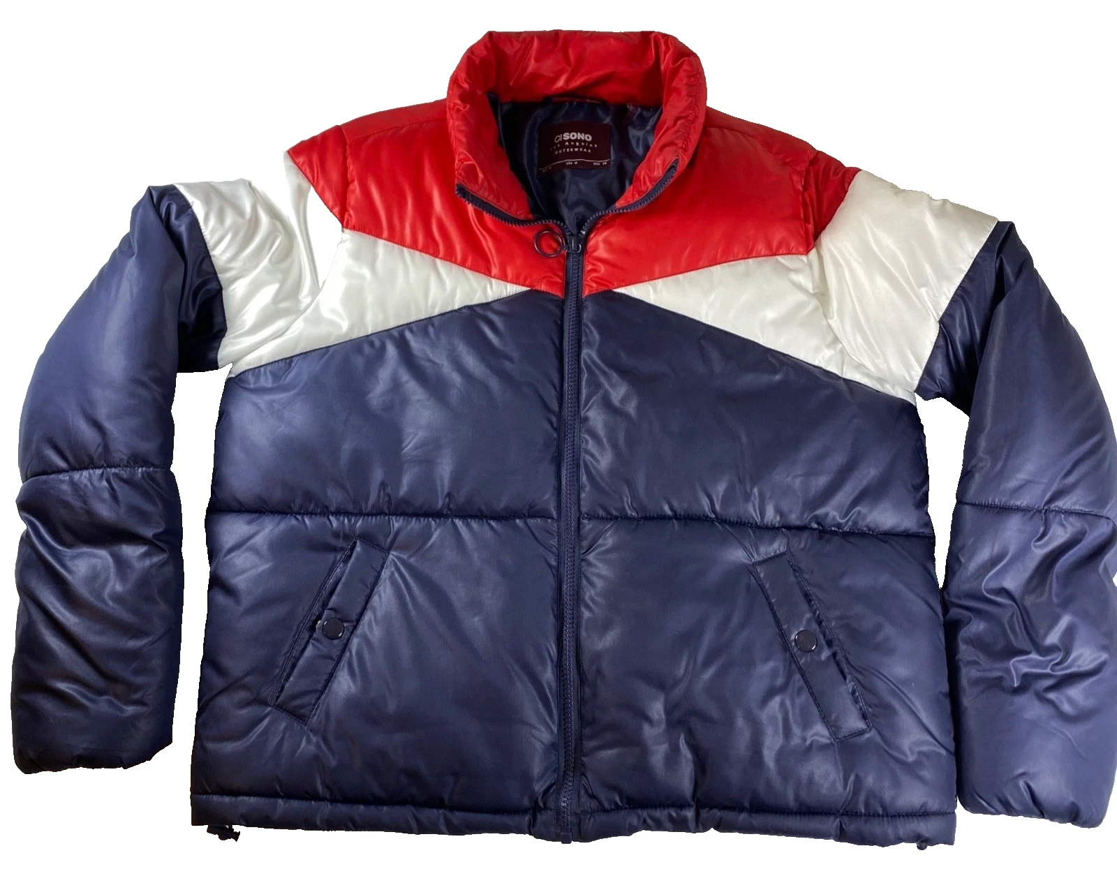 Cisono Mens Puffer Jacket Red White Navy Colorblock Zip Up Size Medium