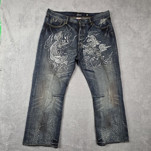 Ed Hardy Jeans Mens 42x32 Blue White Script Logo Pocket Embroidered Dragon Front - Picture 2 of 15
