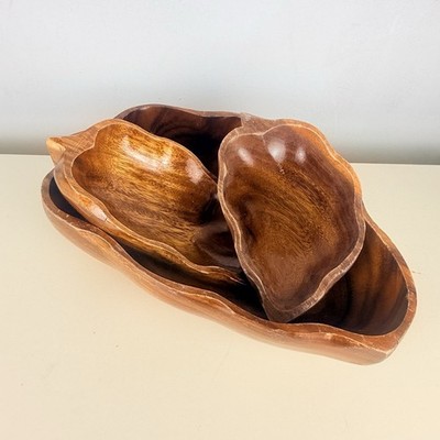 Vintage MCM Hand Carved Monkey Pod Wood Leaf Shaped Serving Bowl Set 3 Pieces