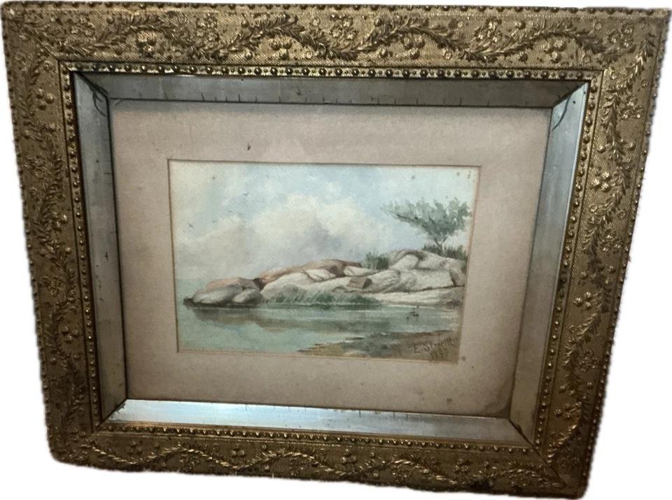 Antiguo arte original enmarcado en vidrio fechado en 1897 firmado por E. Sterritt Foto 3 de 4