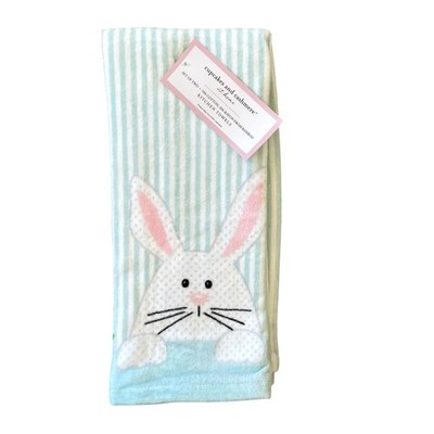 Cupcakes & Cashmere EASTER Bunny Kitchen Towels Blue White Striped Set of 2 NEW