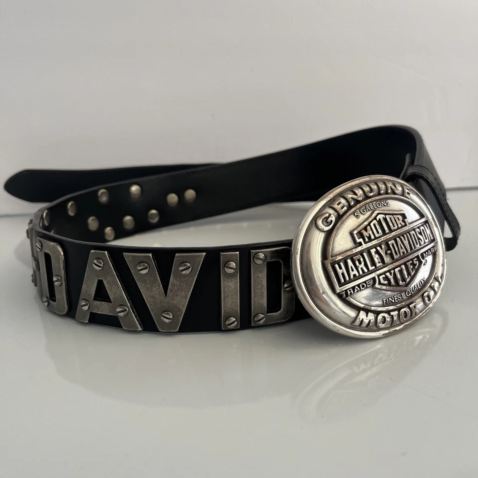 Cinturón y hebilla de cuero negro vintage Harley Davidson letras grunge motocicleta Foto 3 de 4
