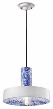 Pendelleuchte Keramik Weiß Blau Handbemalt Ø 35 cm Retro für E27 Hängelampe