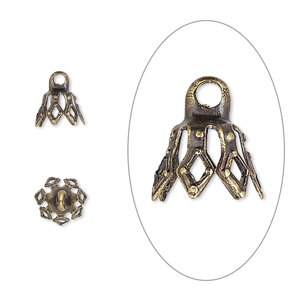 珠帽,100 件古董镀金黄铜 7x5.5 毫米珠帽 7 个尖钟帽 — 第 2/3 张图片