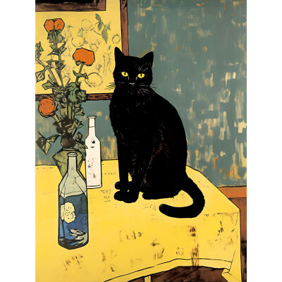 Simple Black Cat on Yellow Table Painting Van Gogh Style Flowers Huge Art Poster