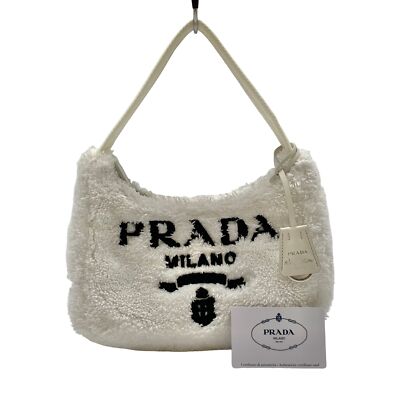 Authentic PRADA Re-Edition 2000 Spugna Hand Bag 1NE515 White Fur