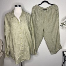 FLAX by Jeanne Engelhart Natural Linen 2-Piece Button Shirt/Pants Set Green S 10