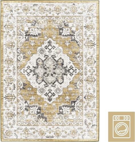 Vintage Style Rug Extra Large Washable Soft Short Pile Gold 200 x 300cm Non Slip - Picture 3 of 6