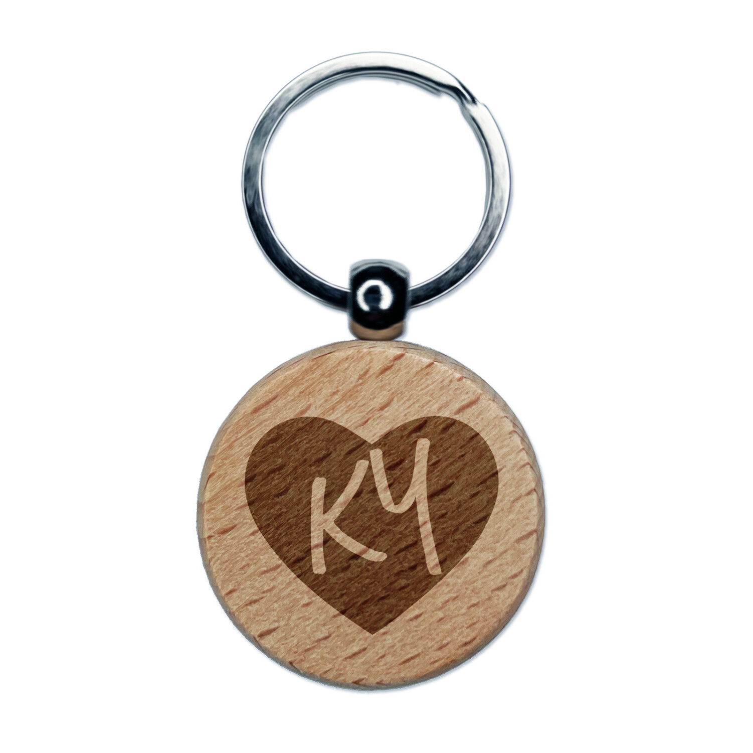KY Kentucky State in Heart Engraved Wood Round Keychain Tag Charm