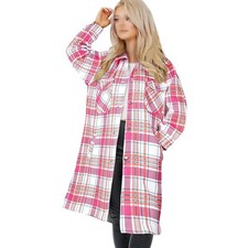 Ladies Longline Shacket Checked Pink Button Down Shirt Jacket