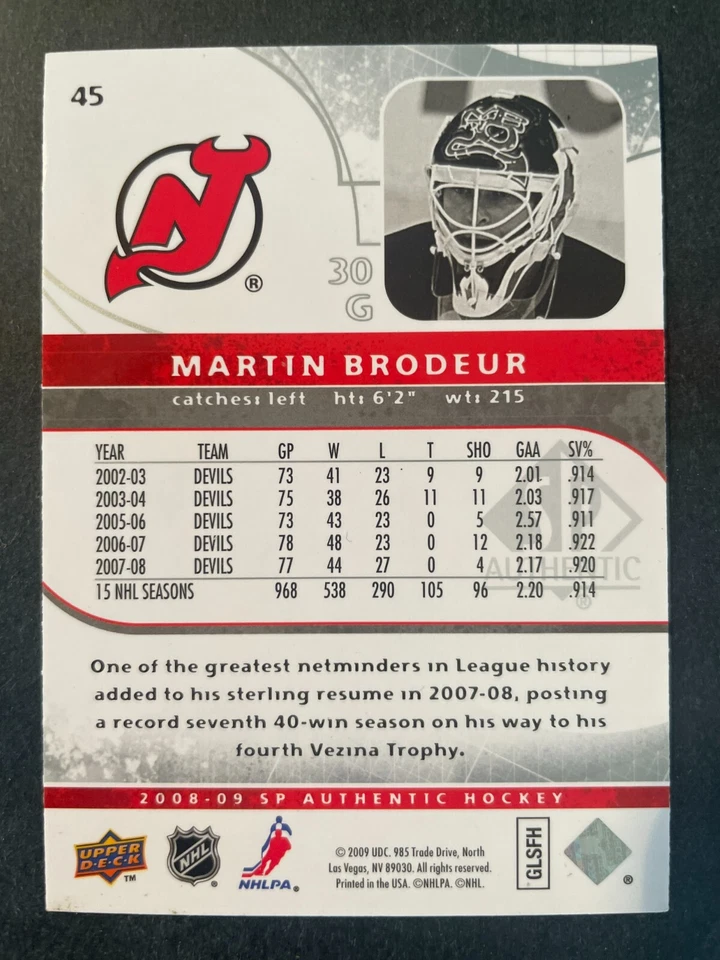 Martin BRODEUR 2008-09 Upper Deck SP Authentic #45 New Jersey Devils - Image 2 of 2