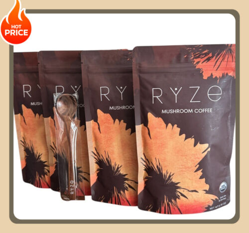 Brand 4 Pack Ryze Organic Mushroom Coffee W/ 1 RYZE Without Spoon 100% Authentic