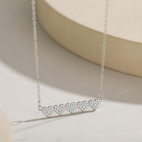 European Sparkling CZ Five Hearts Love 925 Sterling Silver Necklace For Women - Picture 5 of 8