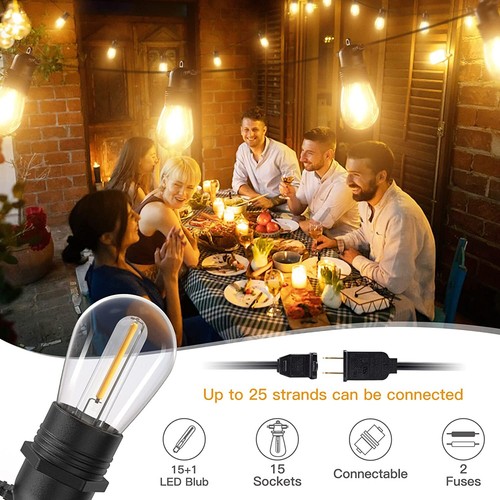 48ft Outdoor LED String Lights Dimmable S14 Bulb Waterproof with Remote 2700K - Picture 5 of 16