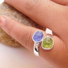 Natural Raw Tanzanite  Peridot Ring Adjustable Ring Multi Stone RingHR108