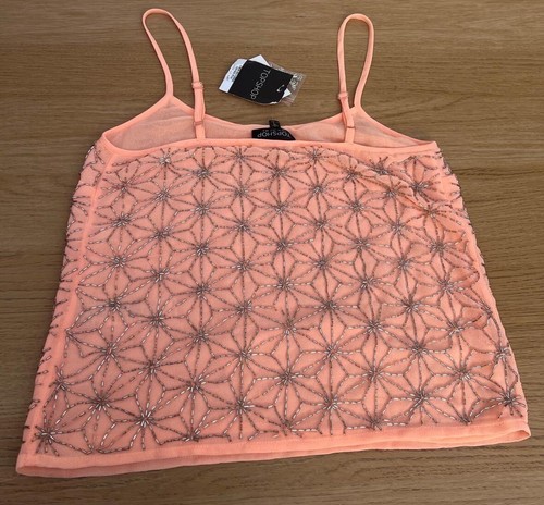 Topshop Embellished Bead Cami Top Orange Peach Flower Size 6 EUR 34 - Picture 5 of 13