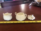 Vintage Mid Century Bubble Milk Glass Sugar and Cream Set  Gold trim
