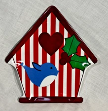 MELAMINE 8" Christmas Candy/Trinket Dish/Plate - Birdhouse Bluebird Holly Heart