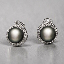 14K White Gold, Cultured Tahitian Pearl and Diamond Halo Stud Earrings